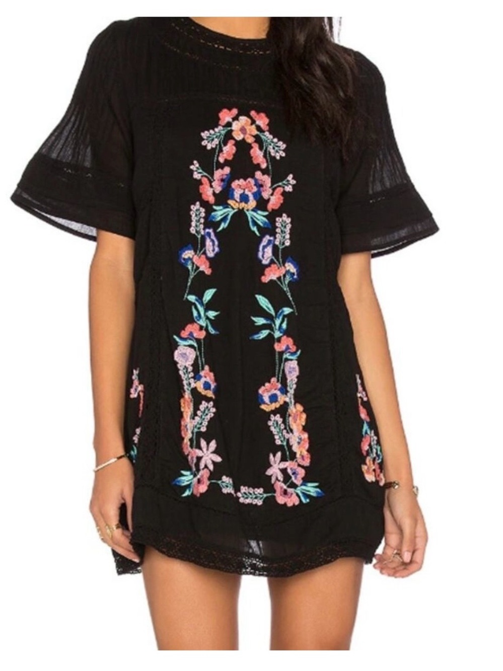 Free People Embroidered Black Short Dress with Colorful Floral Detail